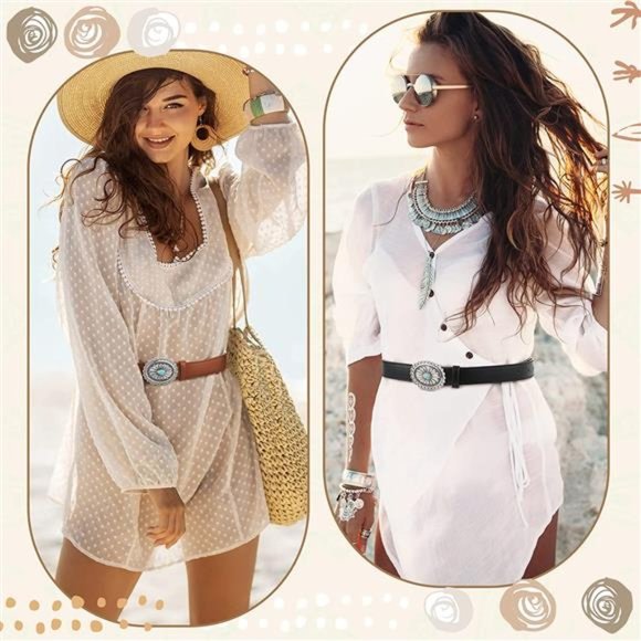 2 Pcs Women Western Belt Leather Belt Turquoise Belt Buckle Soft Faux Leather main image 4